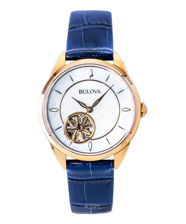 Bulova Sutton Leather Strap Open Heart Mother Of Pearl Dial Automatic 97L180 Women's Watch image 1