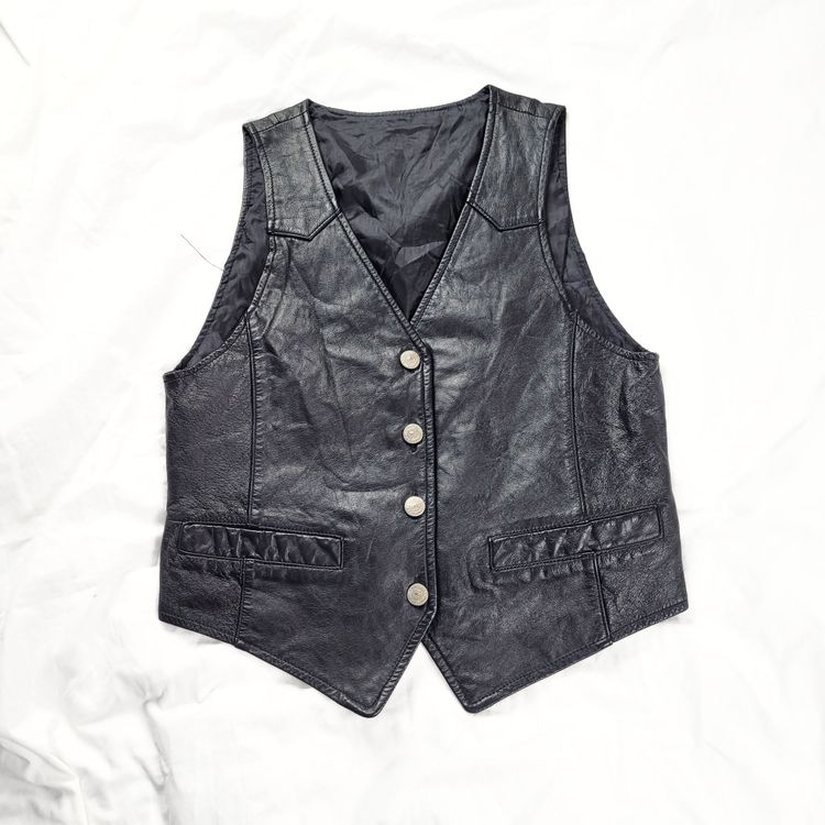 Vintage Black Leather Vest Waistcoat Biker 90s Grunge Y2K Rocker