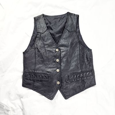 Vintage Black Leather Vest Waistcoat Biker 90s Grunge Y2K Rocker