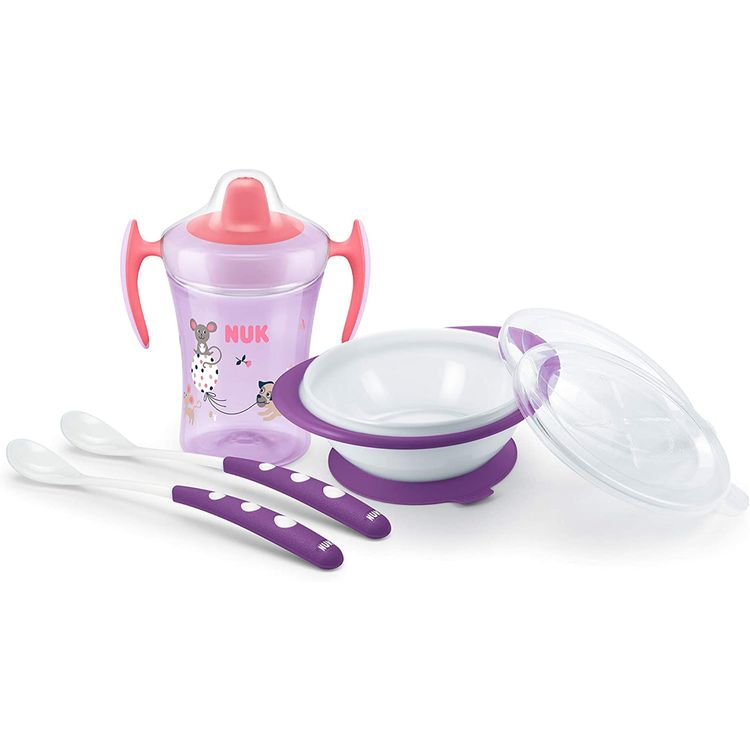 NUK Learn to Eat Training Set Sippy Cup with Feeding Bowl and Spoons Purple image 1