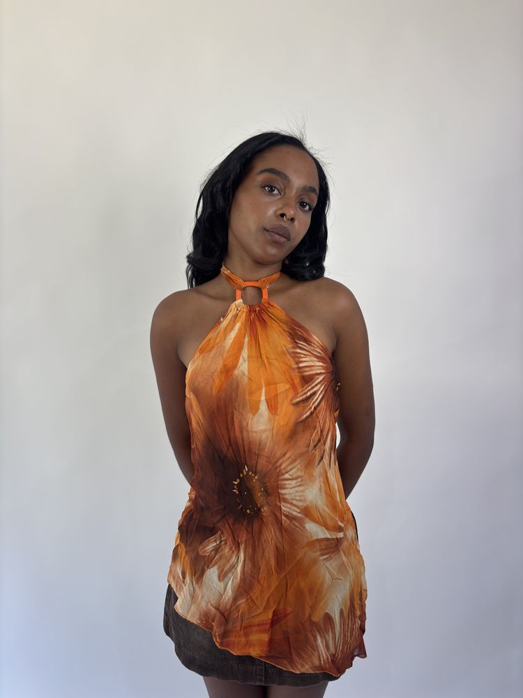 aquamarine drop | small orange and brown floral asymmetric halter top