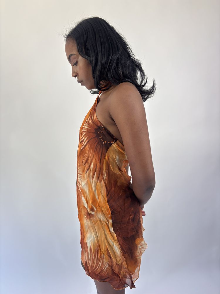 aquamarine drop | small orange and brown floral asymmetric halter top 7