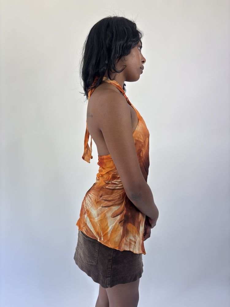 aquamarine drop | small orange and brown floral asymmetric halter top 3