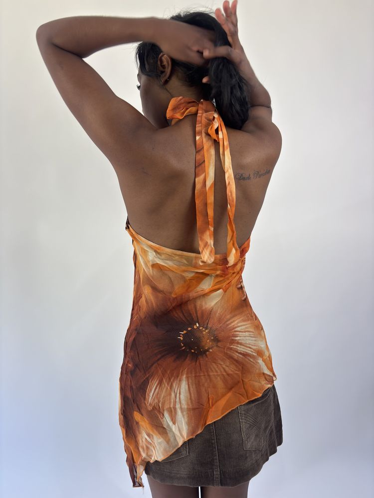 aquamarine drop | small orange and brown floral asymmetric halter top 8