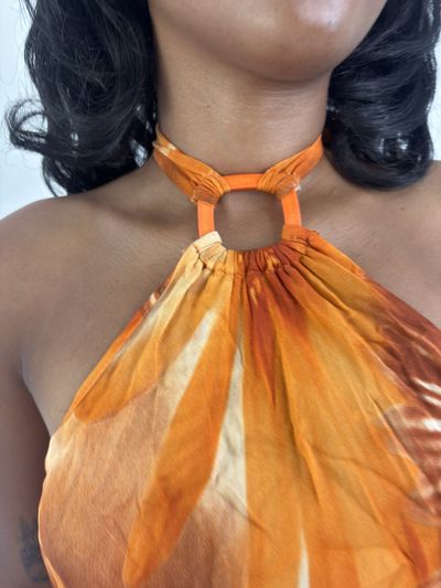 aquamarine drop | small orange and brown floral asymmetric halter top 4