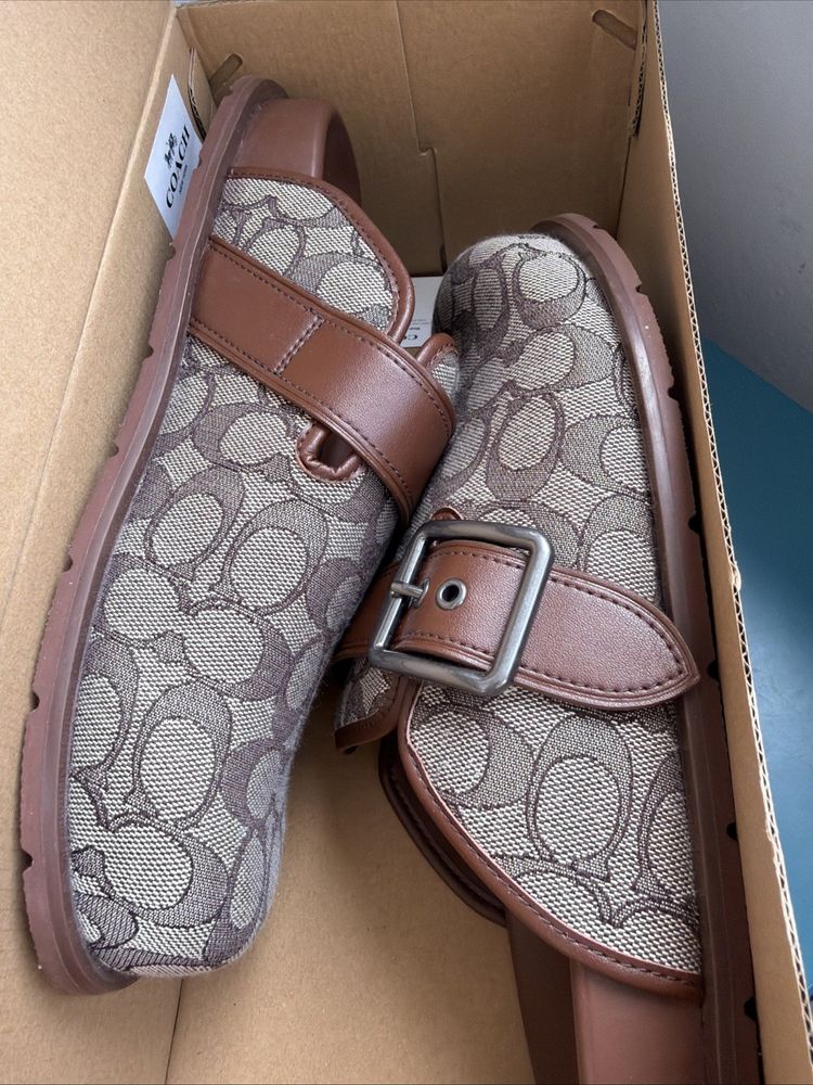 COACH Mens Archival Buckle Clog In Signature Jacquard Slides Oak Brown UK8.5 BN image 8