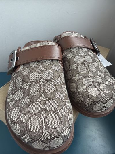 COACH Mens Archival Buckle Clog In Signature Jacquard Slides Oak Brown UK8.5 BN
