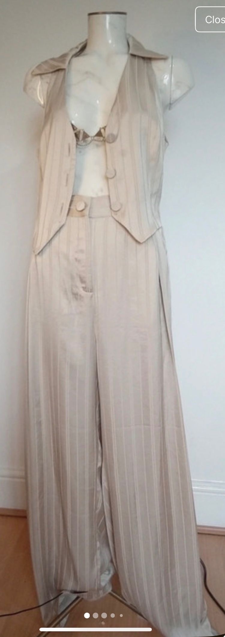 Beige Sleeveless Vest And Wide-Leg Pants Set