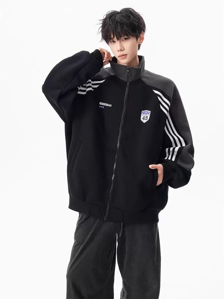 Black Zip-Up Jacket With White Stripes
