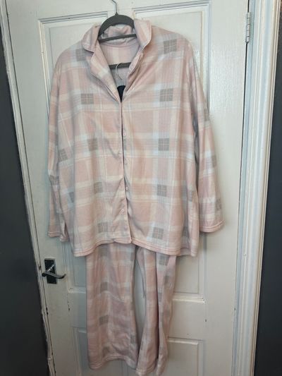 pink and gray plaid pajama set
