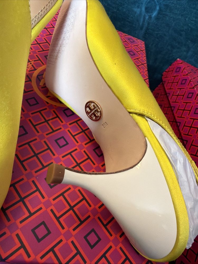 Tory Burch Sling Back Pump Heels Satin Acid Yellow Leather Uk 5.5 BNIB image 4