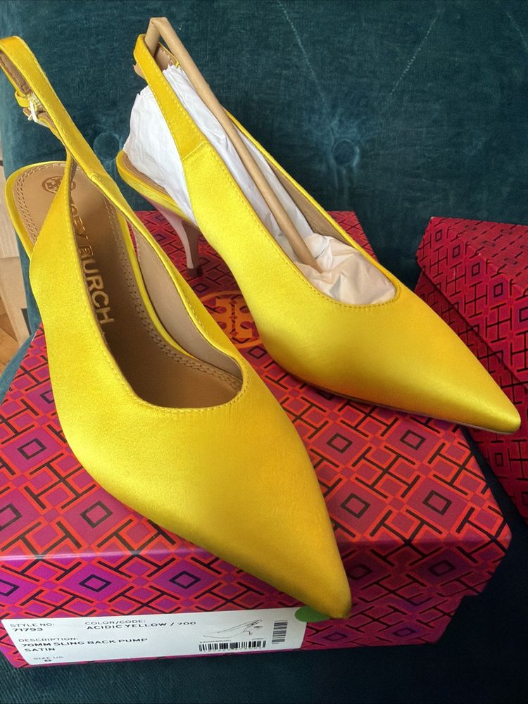 Tory Burch Sling Back Pump Heels Satin Acid Yellow Leather Uk 5.5 BNIB image 1
