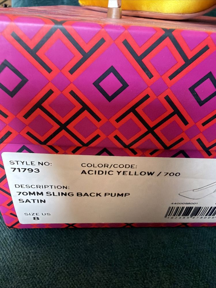 Tory Burch Sling Back Pump Heels Satin Acid Yellow Leather Uk 5.5 BNIB image 7