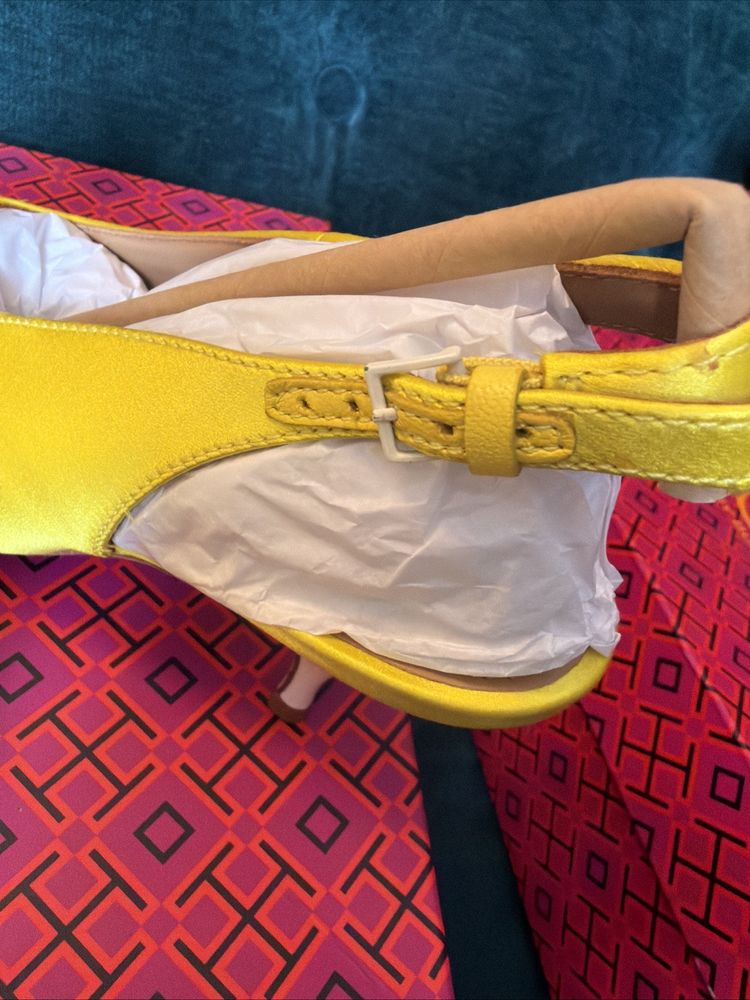 Tory Burch Sling Back Pump Heels Satin Acid Yellow Leather Uk 5.5 BNIB image 5