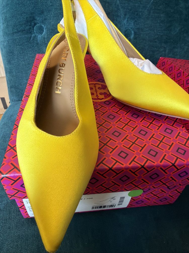 Tory Burch Sling Back Pump Heels Satin Acid Yellow Leather Uk 5.5 BNIB image 2