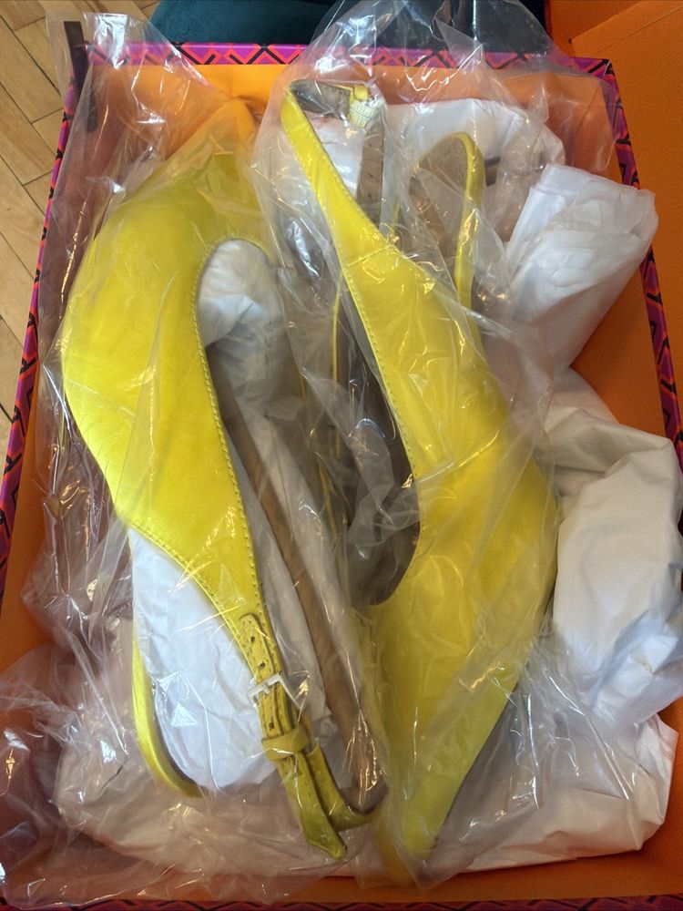 Tory Burch Sling Back Pump Heels Satin Acid Yellow Leather Uk 5.5 BNIB image 8