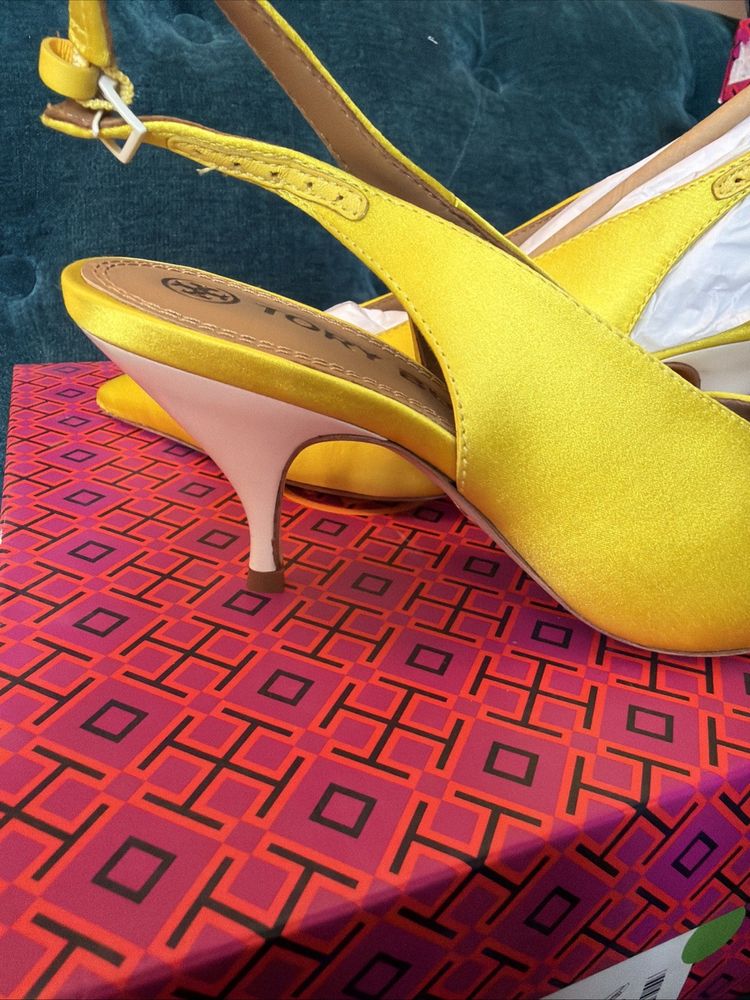 Tory Burch Sling Back Pump Heels Satin Acid Yellow Leather Uk 5.5 BNIB image 6