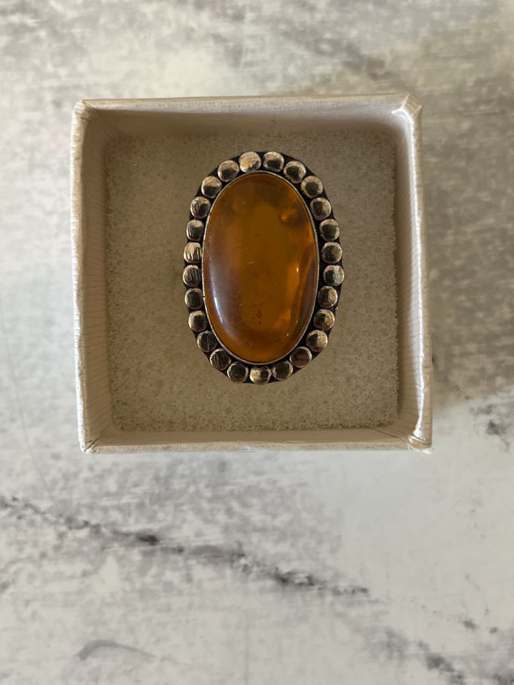 1-ONE 🔥 ANTIQUE AMBER RING MADE OF 925 SILVER 🔥 Beautiful honey-colored Baltic amber, size 7 product image