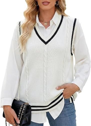 White Cable Knit Sleeveless Sweater Vest With Black Trim