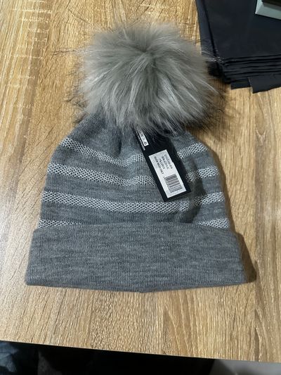 Grey Striped Beanie With Pom Pom