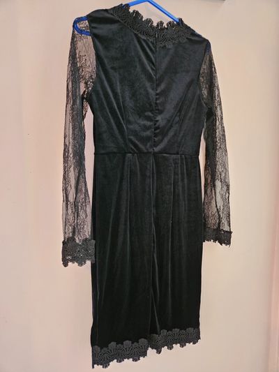 Black Velvet Dress With Lace Sleeves And Neckline