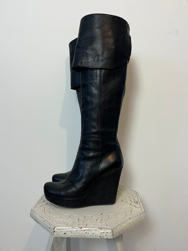 italian vintage black leather wedge knee-high boots