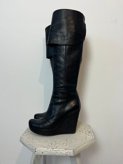 italian vintage black leather wedge knee-high boots