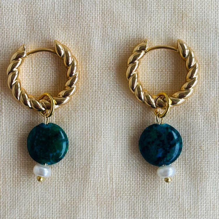 Other 18k Gold Plated Twisted Hoops with Chrysocolla Gemstone & Upcycled Pearl Charms | Festive Drop Earrings product image