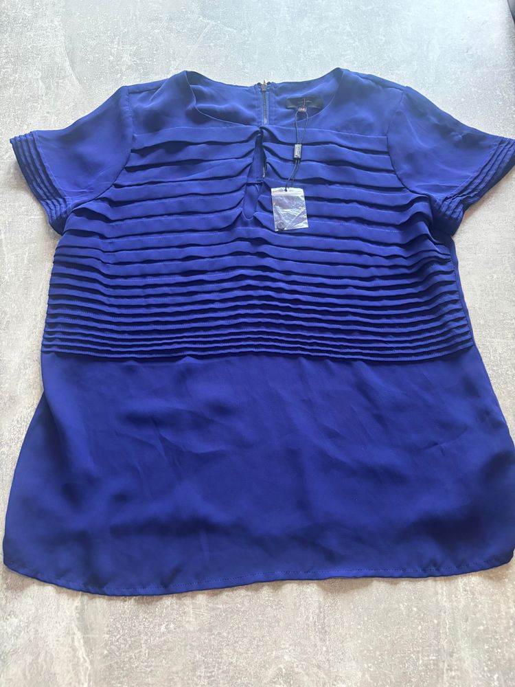 Blue Pleated Short Sleeve Blouse