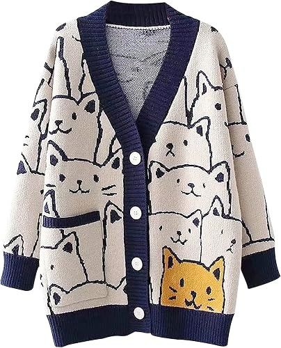 White Cardigan With Cat Pattern obraz 4
