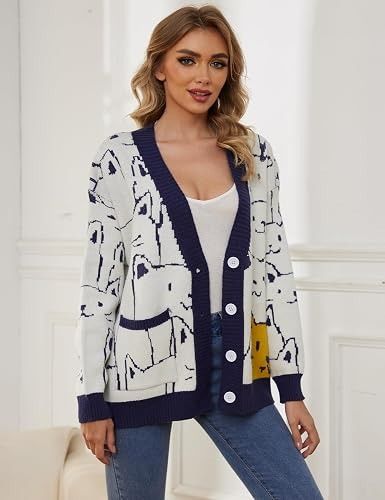 White Cardigan With Cat Pattern obraz 2