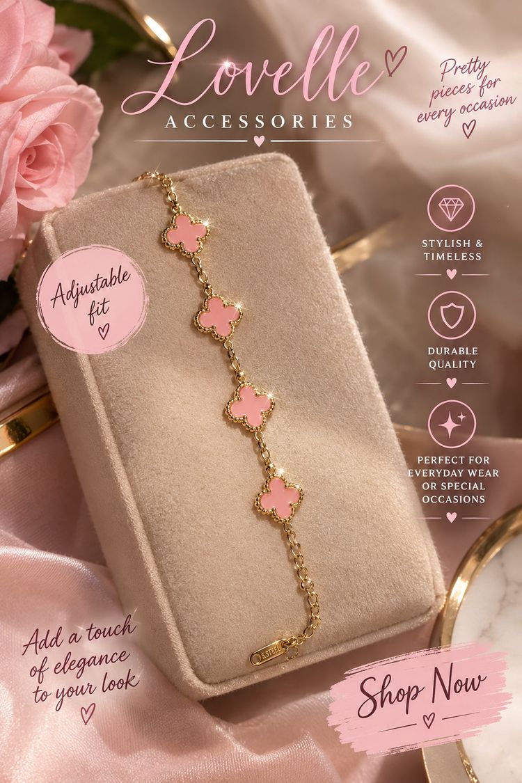 Gold Bracelet With Pink Clover Charms imagen 1