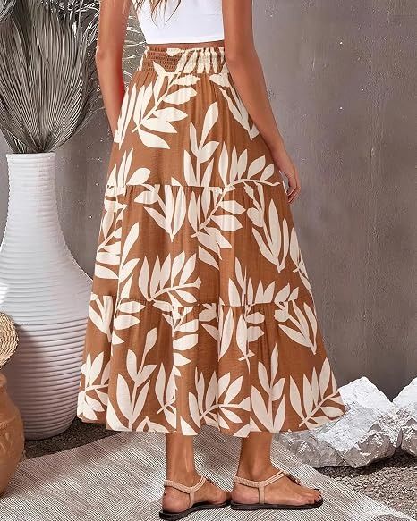 Brown And White Leaf Print Tiered Skirt imagen 4