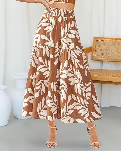 Brown And White Leaf Print Tiered Skirt imagen 5