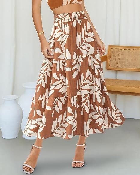 Brown And White Leaf Print Tiered Skirt imagen 2