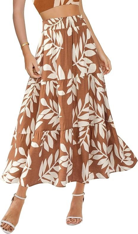 Brown And White Leaf Print Tiered Skirt