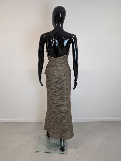 ASOS maxi długa sukienka khaki beż asymetryczna wycięcia drapowana S bdb wesele 2