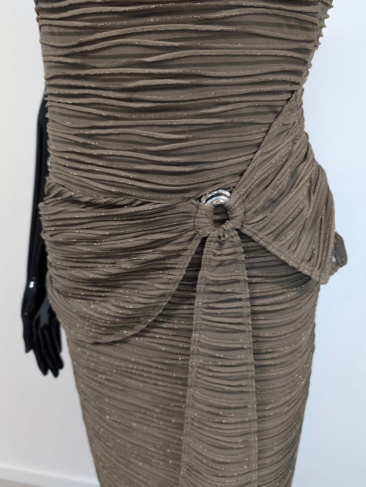 ASOS maxi długa sukienka khaki beż asymetryczna wycięcia drapowana S bdb wesele 5
