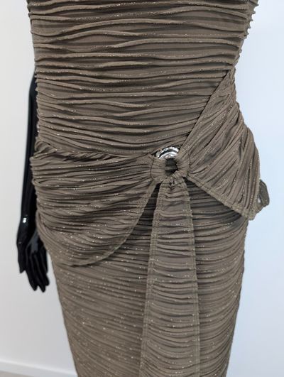 ASOS maxi długa sukienka khaki beż asymetryczna wycięcia drapowana S bdb wesele 5