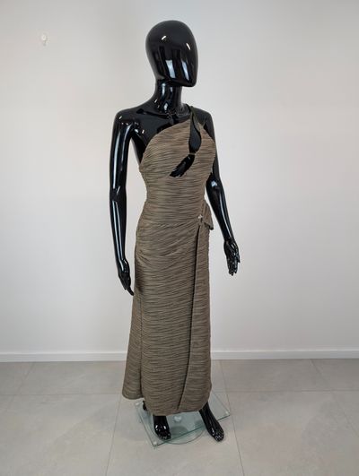 ASOS maxi długa sukienka khaki beż asymetryczna wycięcia drapowana S bdb wesele 3