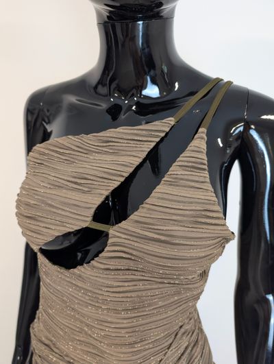 ASOS maxi długa sukienka khaki beż asymetryczna wycięcia drapowana S bdb wesele 4