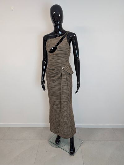 ASOS maxi długa sukienka khaki beż asymetryczna wycięcia drapowana S bdb wesele 1
