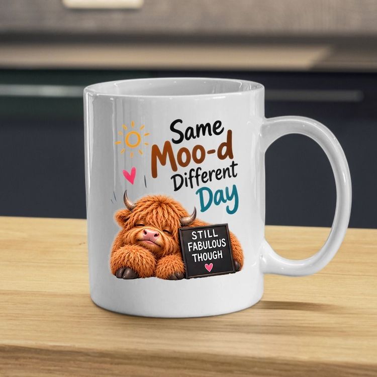Other Humorous Mug Same Moo-d Different Day Highland Cow 325ml Ceramic Coffee Mug – Funny Sassy Tea Cup with Still Fabulous Sign, Sun & Hearts Gift | Available in Multicolours | Fast Dispatch by UK Seller (M1287) product image