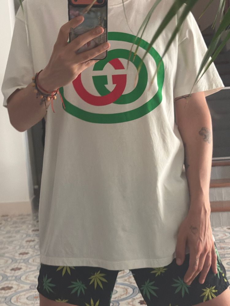 White T-Shirt With Green And Red Logo