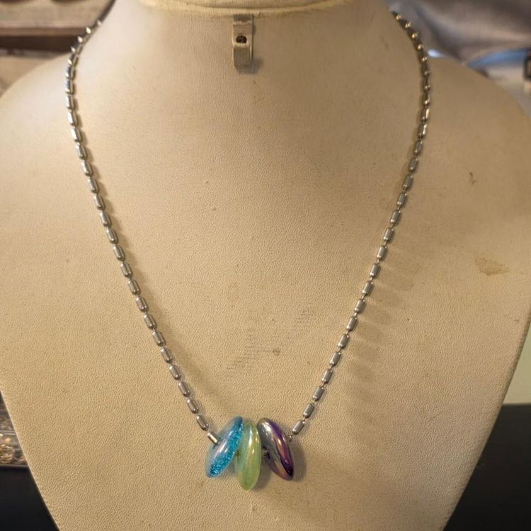 Silver Chain Necklace With Three Colorful Glass Beads image 1