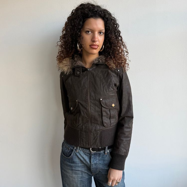Brown suede fur hood bomber - Size S