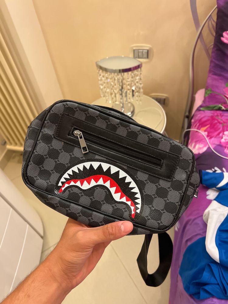 Sprayground Black Patterned Crossbody Bag With Shark Mouth Design product image