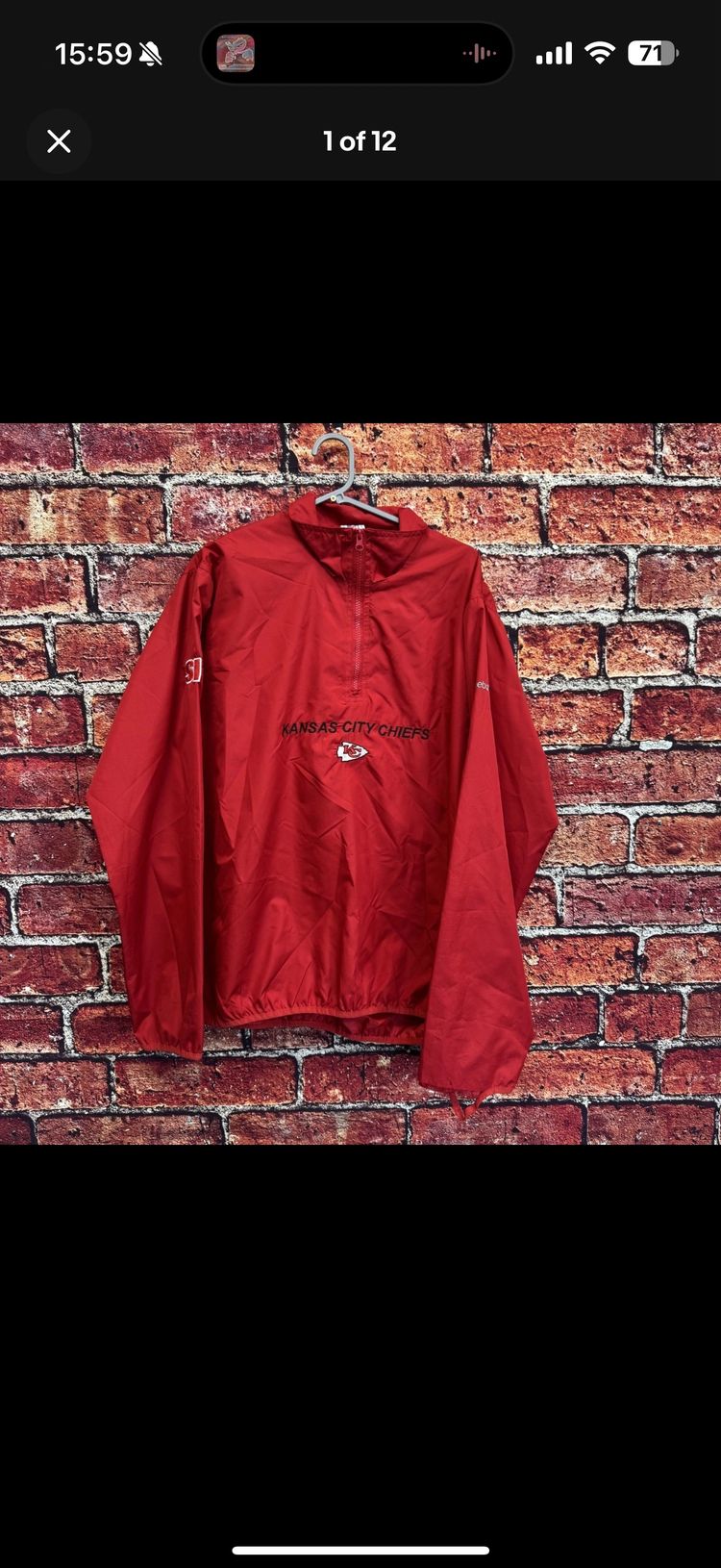 Kansas City Chiefs Men's Windbreaker Large Reebok 3/4 Zip Rain Sports Jacket