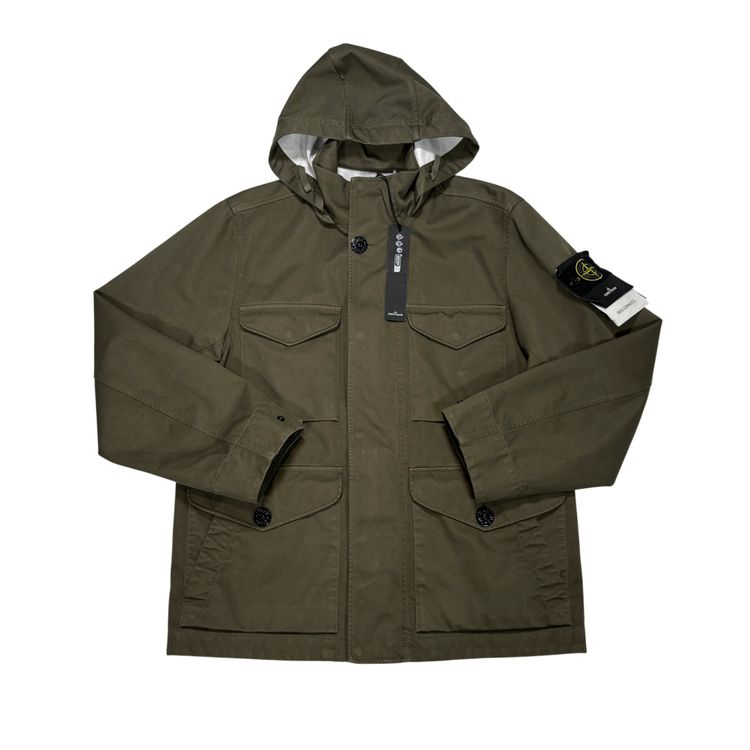 Stone Island Green Raso Gommato 3L Compass Patch Hooded Jacket