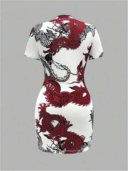 White Dress With Red And Black Dragon Print obraz 3